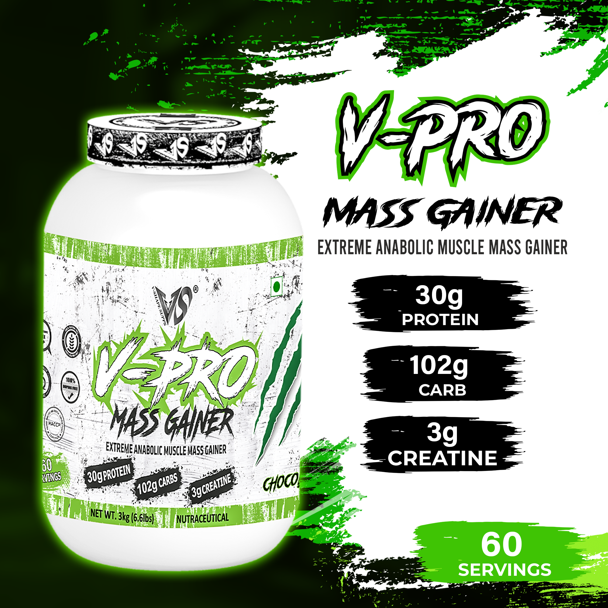 V-SHAPE V-Pro Mass Gainer- 3Kg(6.6Lbs), 66 Servings - V-Shape Supps