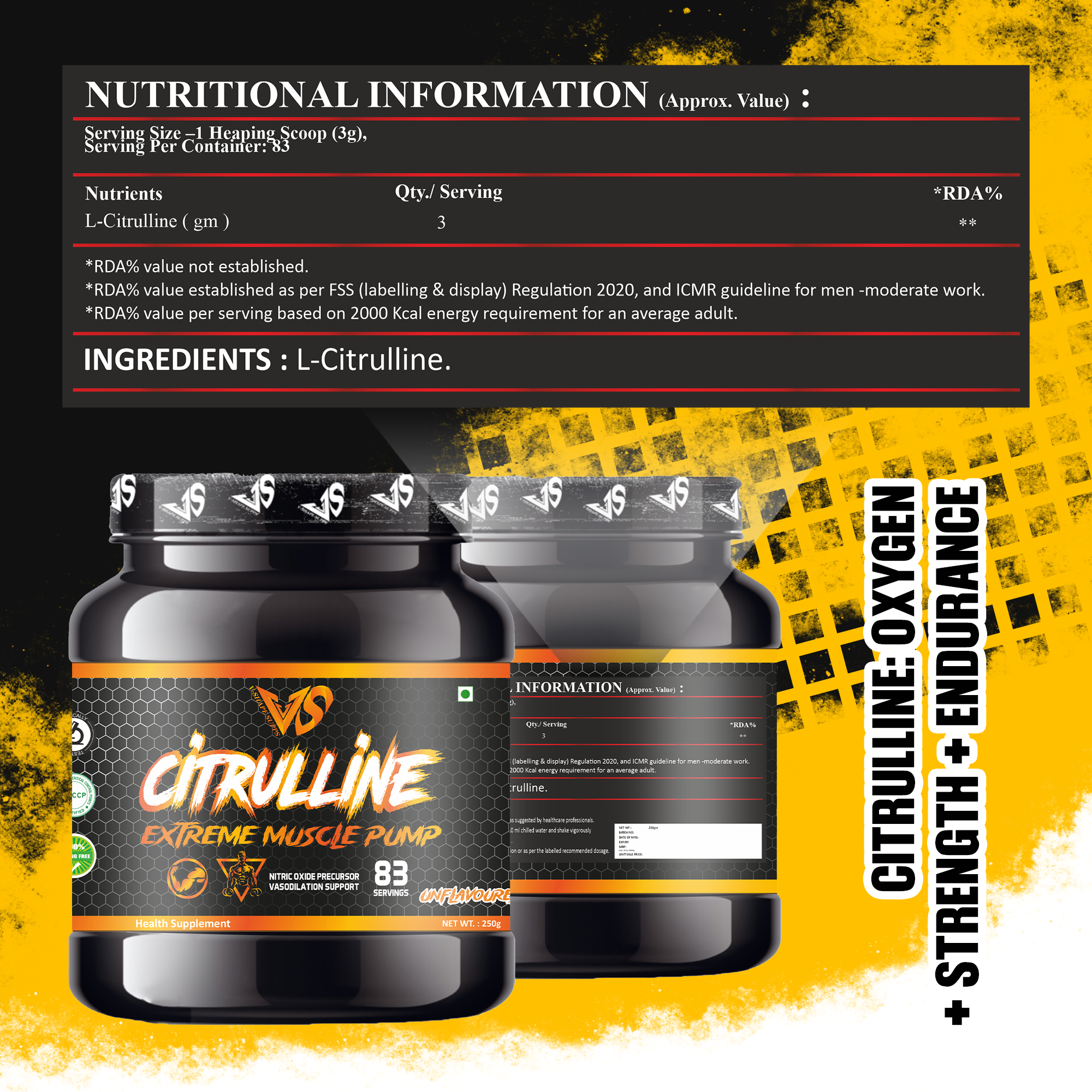 V-SHAPE Citrulline Malate 250Gm, 83 Servings - V-Shape Supps