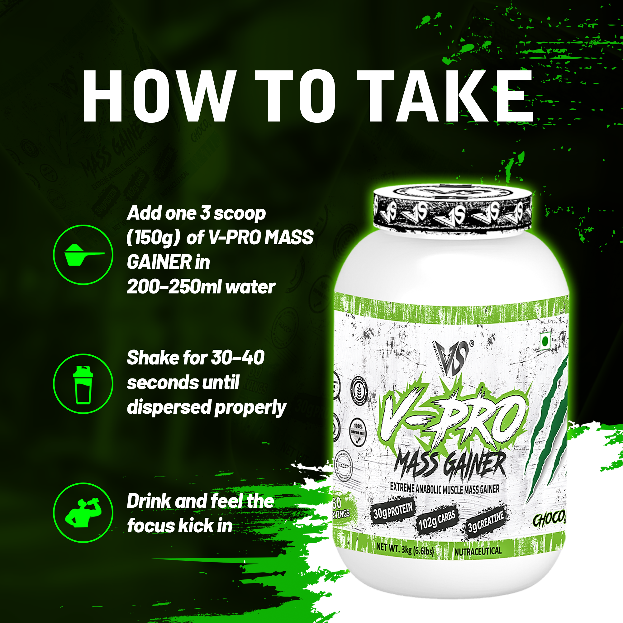 V-SHAPE V-Pro Mass Gainer- 3Kg(6.6Lbs), 66 Servings - V-Shape Supps