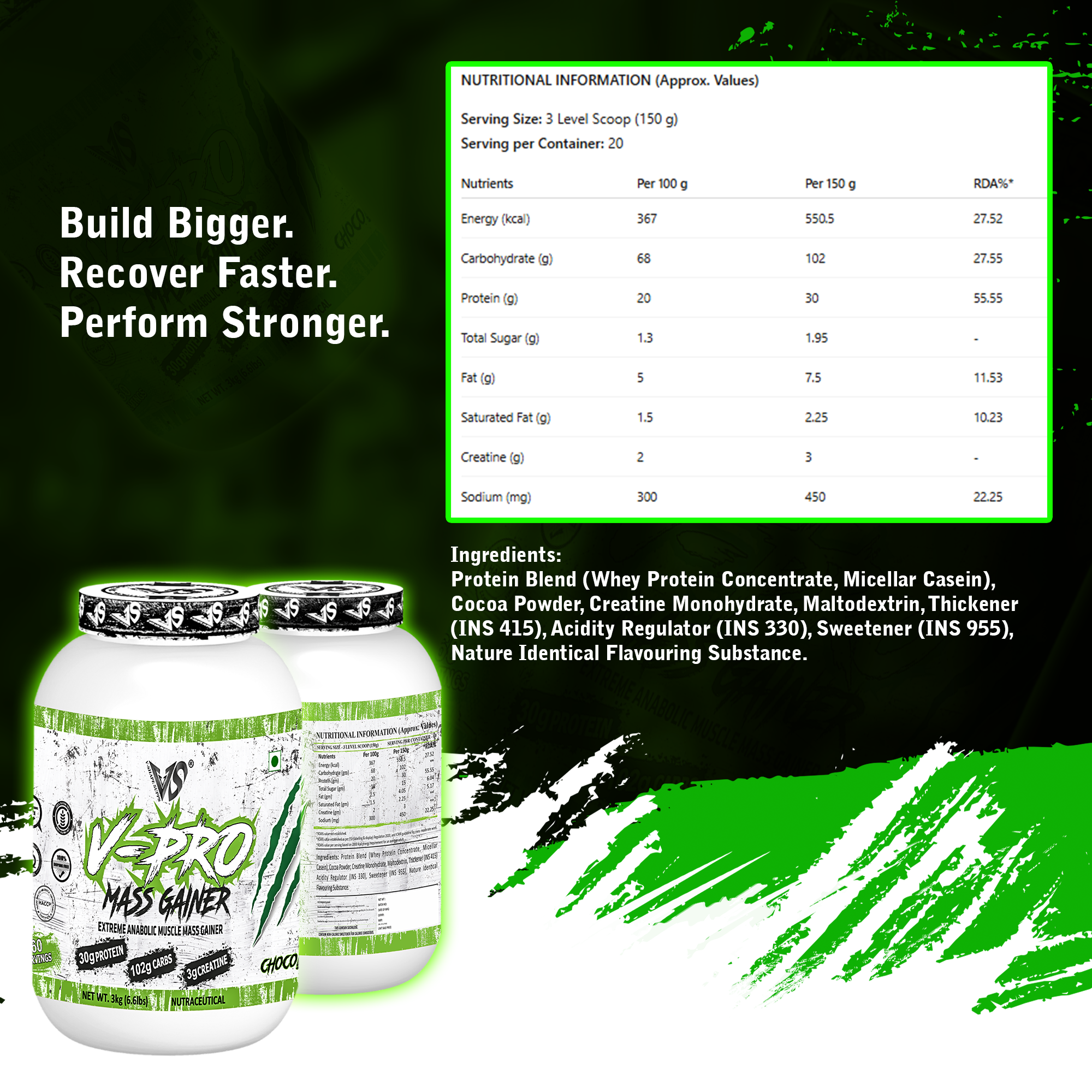 V-SHAPE V-Pro Mass Gainer- 3Kg(6.6Lbs), 66 Servings - V-Shape Supps