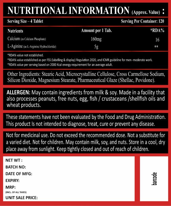 V-Shape Supps L-Arginine 500mg- 120 Tablets - V-Shape Supps