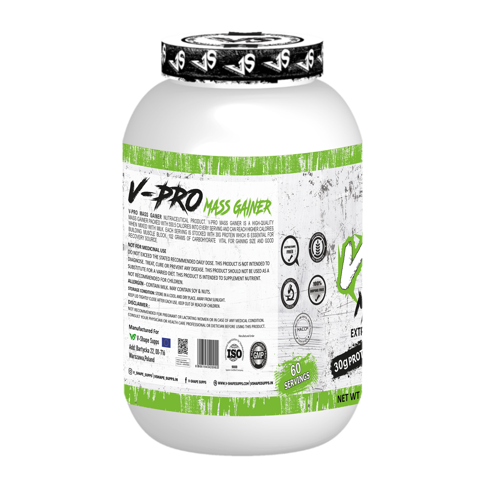 V-SHAPE V-Pro Mass Gainer- 3Kg(6.6Lbs), 66 Servings - V-Shape Supps