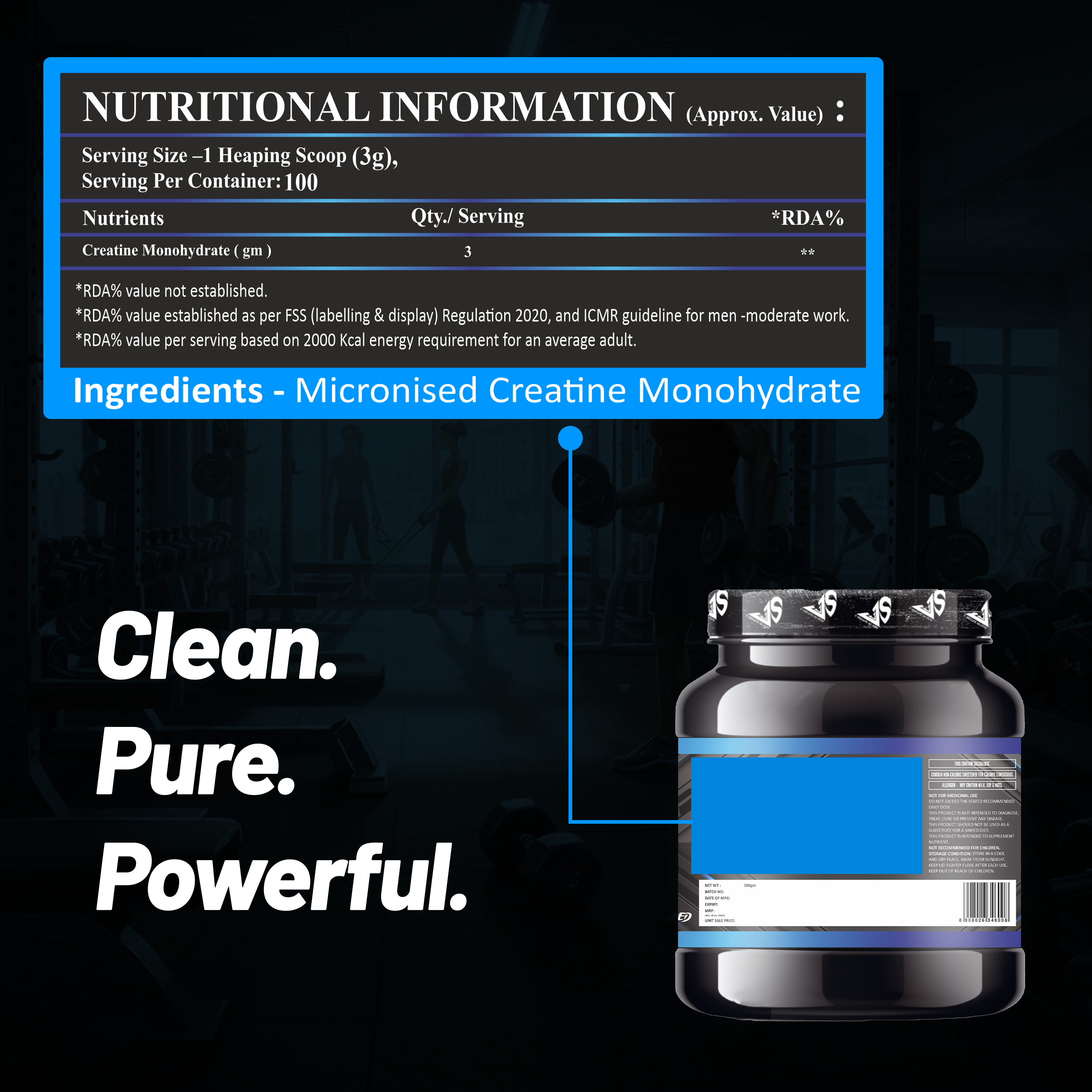 V-SHAPE Micronized Monohydrated Creatine- 300Gm, 100 Servings - V-Shape Supps